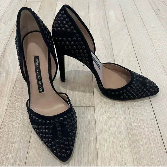 French Connection Pointed Pumps Black Studded Suede Women’s Heels 36.5 - Picture 2 of 6